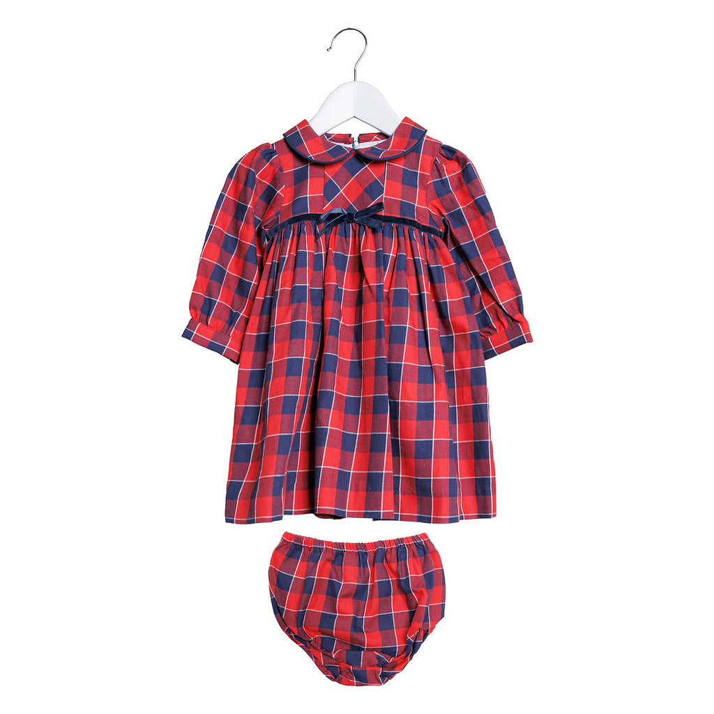 Little Larks melanie red & navy check print dress for a baby girl