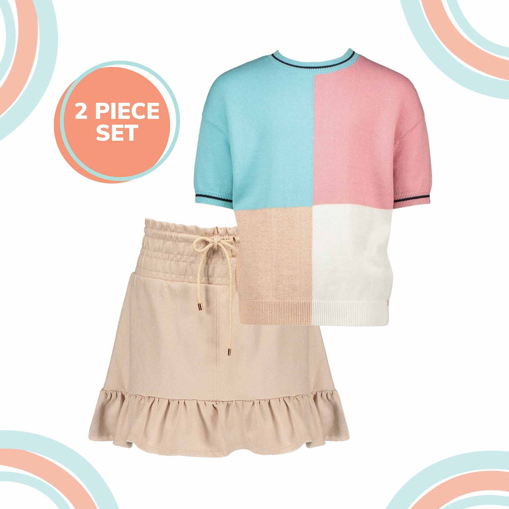 NoNo Girls Lights Turquoise Knitted Top & Rose Sand Faux Suede Skirt Set Outfit